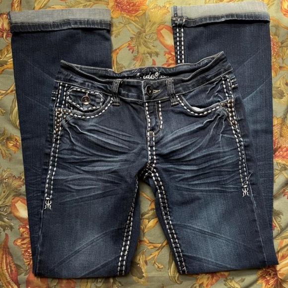 Miss Me Dark Blue Straight Leg Jeans with White Stitching - Picture 1 of 4
